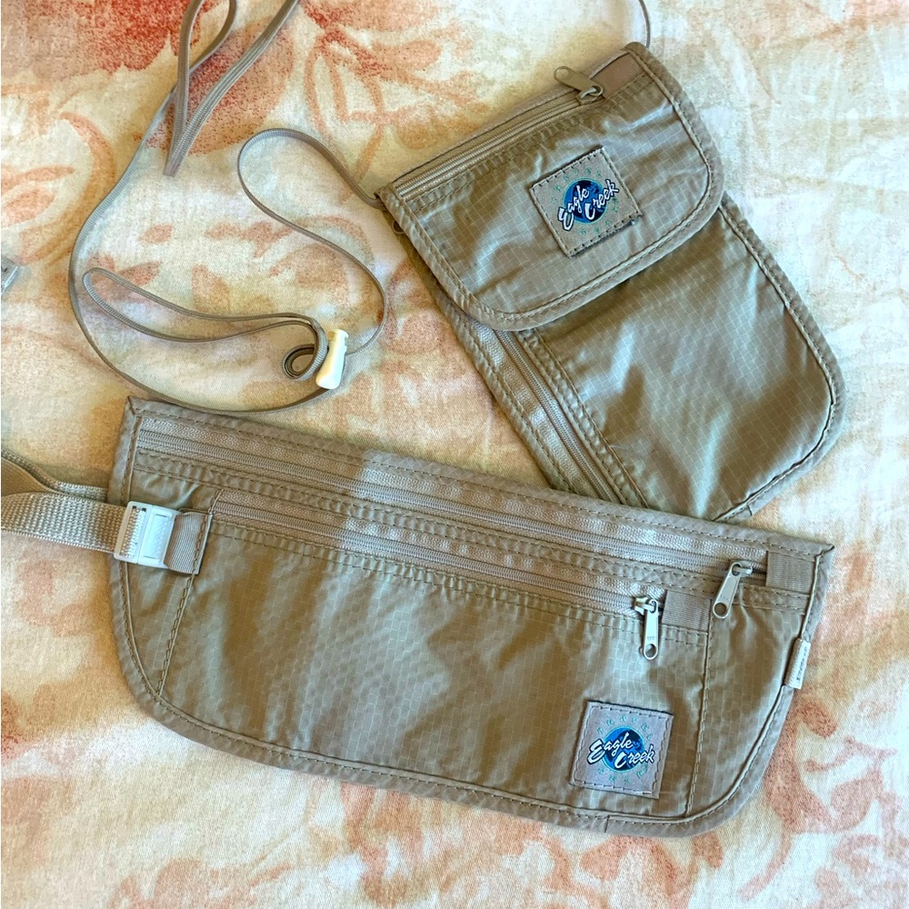 Tan Travel Waist Pack and Neck Pouch